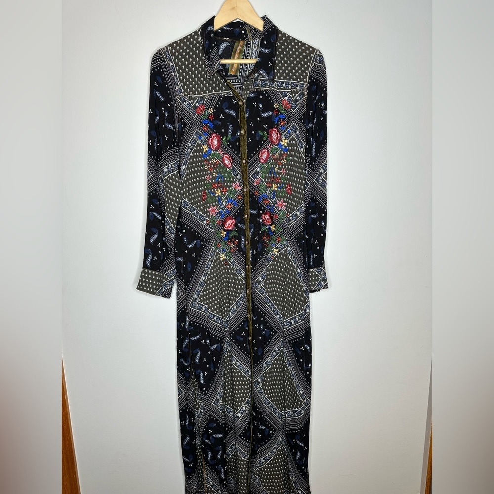 Aratta Silent Journey Embroidered Button Down Velvet Maxi Dress